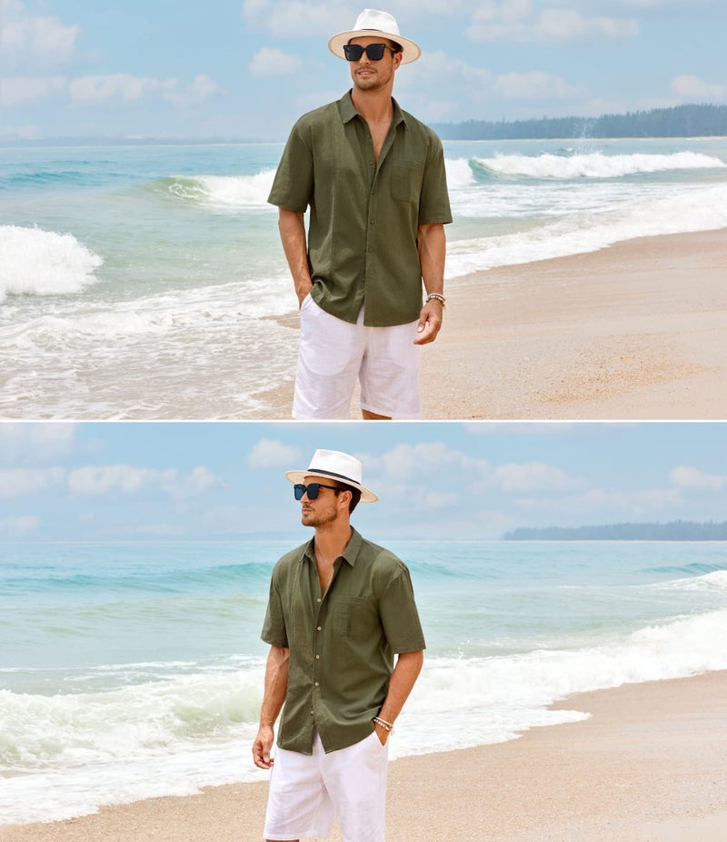 Ryannology Mens Beach Linen Shirts Short Sleeve Cuban Button Down Casual Summer T Shirt Guayabera Hawaiian Tee Loose Fit Tops A Army Green - Image 4